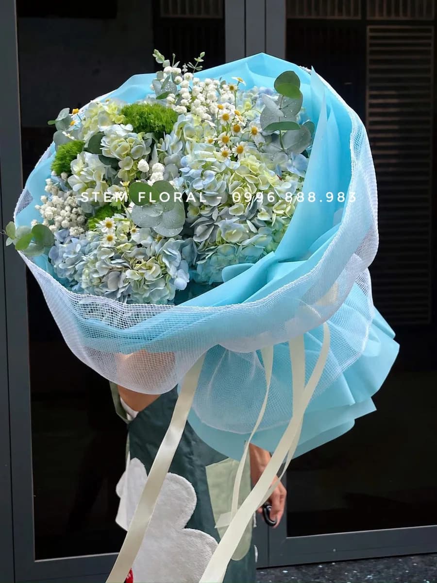 Sắc ngọc bình yên — Cẩm tú cầu xanh trắng và xanh non nằm trong giấy xanh ngọc