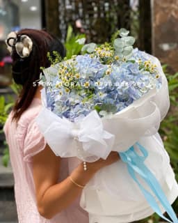 Góc 1 của Mây xanh ngọc ngà — Cẩm tú cầu xanh trắng phối những bông trắng nhỏ và lá xanh trong giấy sáng màu