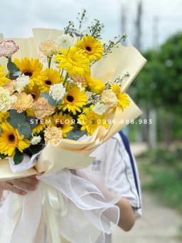 Góc 5 của Nắng vàng trao tay — Hoa đồng tiền vàng phối cẩm chướng màu kem và hồng nhạt, xen hoa nhỏ trắng