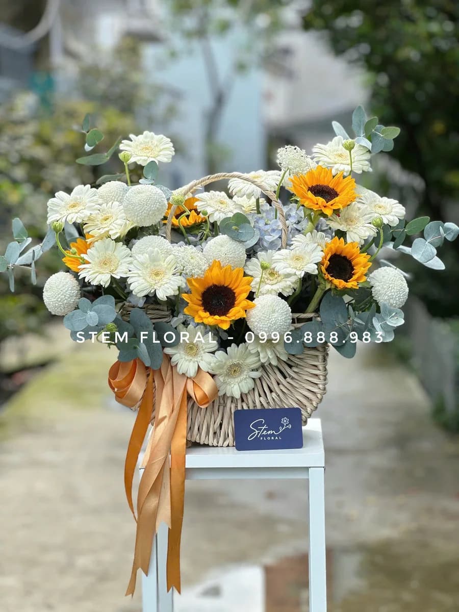 Nắng trong giỏ — Hướng dương vàng xen cùng hoa trắng kem và những chiếc lá tròn xanh bạc