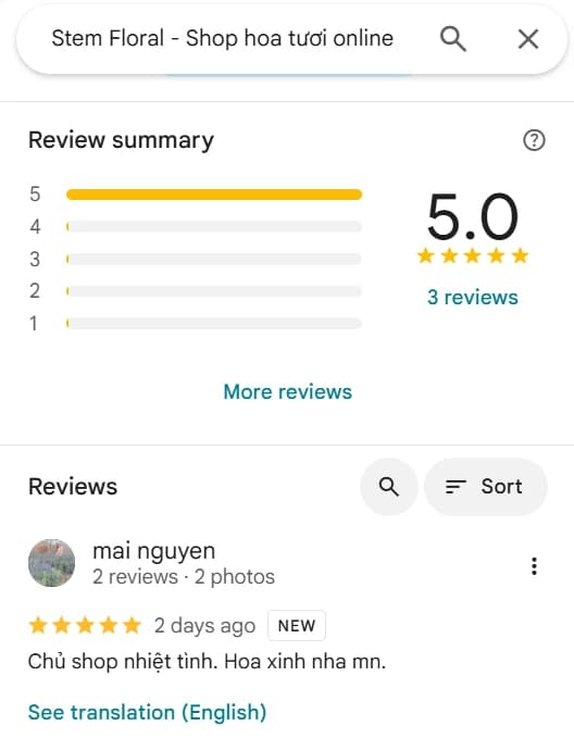 Ảnh đánh giá Google Maps 5 sao của mai nguyen